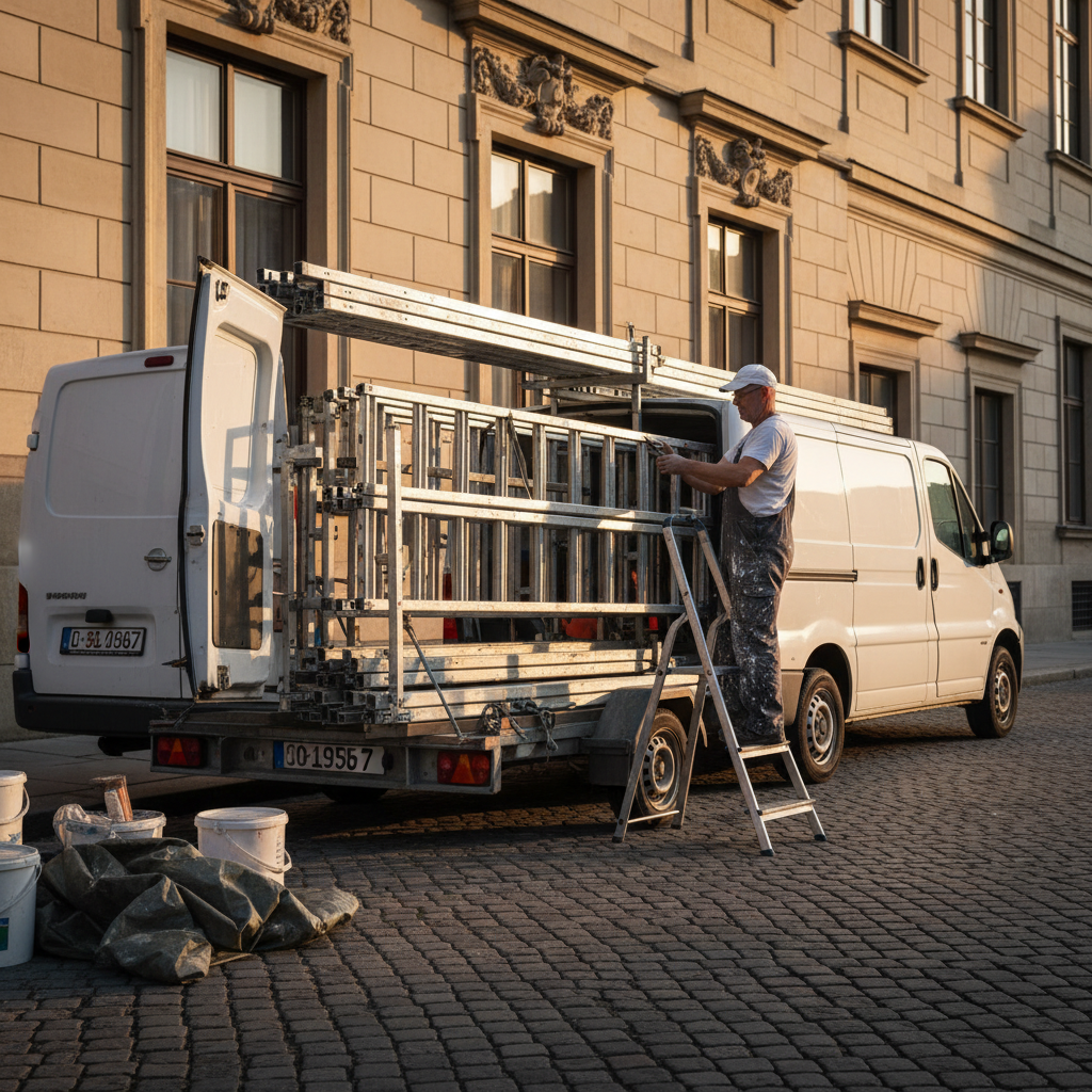Een schilder in werkkleding laadt een steiger uit een witte bestelwagen op een klinkerstraat voor een klassiek gebouw.