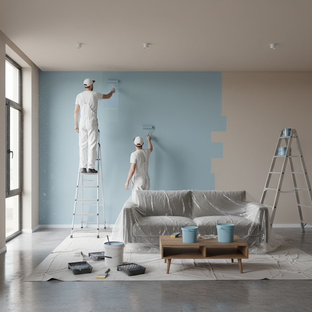 Twee schilders in witte werkkleding verven een muur blauw in een kamer met een afgedekte bank en verfbenodigdheden.